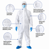 Overol de seguridad desechable blanco con capucha, sin bota, cierre frontal de cremallera con solapa y elástico en puños, tobillos y cintura trasera. Fabricado en tejido sin tejer con capa de film PP + PE o PP. Disponible en tallas M, L, XL y XXL, gramajes 55 g y 65 g.