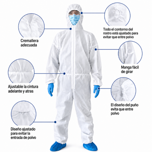 Overol de seguridad desechable blanco con capucha, sin bota, cierre frontal de cremallera con solapa y elástico en puños, tobillos y cintura trasera. Fabricado en tejido sin tejer con capa de film PP + PE o PP. Disponible en tallas M, L, XL y XXL, gramajes 55 g y 65 g.