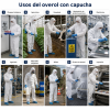 Overol de seguridad desechable blanco con capucha, sin bota, cierre frontal de cremallera con solapa y elástico en puños, tobillos y cintura trasera. Fabricado en tejido sin tejer con capa de film PP + PE o PP. Disponible en tallas M, L, XL y XXL, gramajes 55 g y 65 g.