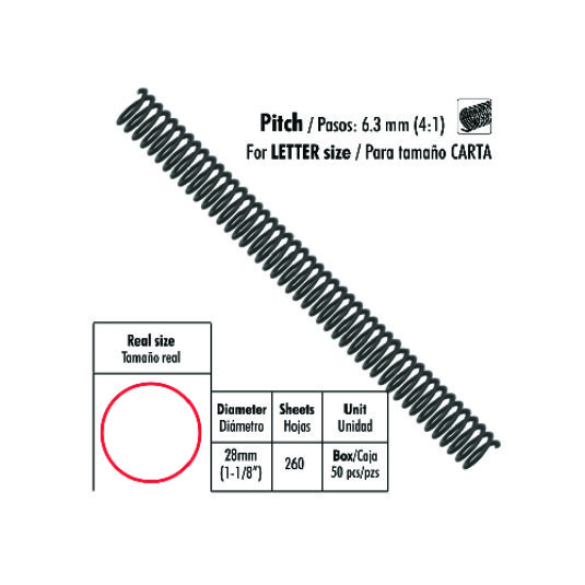 ESPIRALES PLASTICOS DE 1-1/8"(28MM), 50 PIEZAS, NEGROS