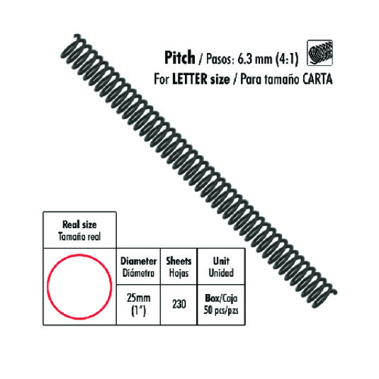 ESPIRALES PLASTICOS DE 1"(25MM), 50 PIEZAS, NEGROS