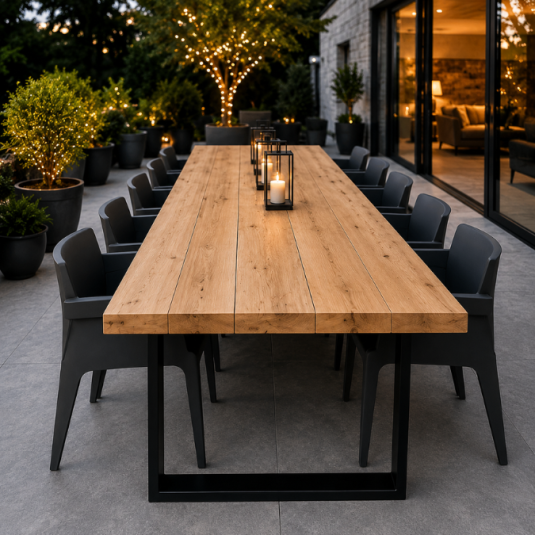 Mesa premium de pinotea y estructura metálica industrial, diseñada para quienes buscan elegancia, exclusividad y durabilidad. Fabricación a medida ideal para comedor, terraza, restaurantes y espacios corporativos modernos.