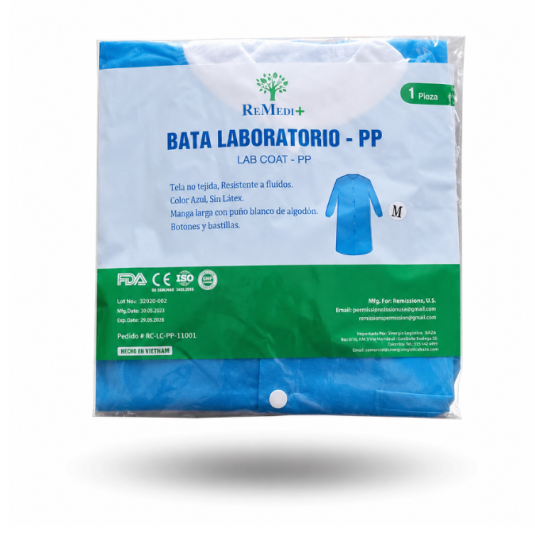 Bata desechable tipo jacket para laboratorio, fabricada en material PP + PE SMS no tejido de 40–70 g/m². Diseño celeste de manga larga con cierre frontal de botones, 2 bolsillos delanteros, cuello y puños elásticos blancos. Disponible en tallas L y XL, con niveles de protección 1 a 4.