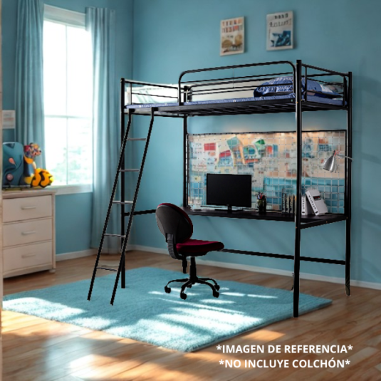 Cama alta twin con escritorio ajustable, metal