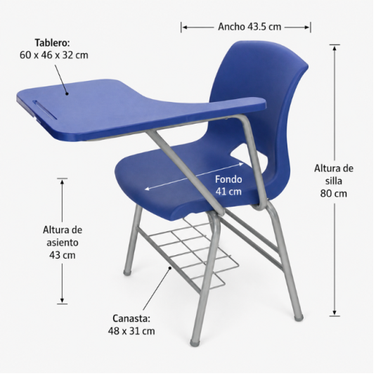 Silla escolar derecha diseñada para estudiantes de 8.º grado en adelante, ideal para aulas, colegios, centros educativos, capacitaciones y espacios de formación. Cuenta con estructura metálica resistente, asiento y respaldo en polipropileno, tablero de escritura y canasta inferior para mayor funcionalidad.
