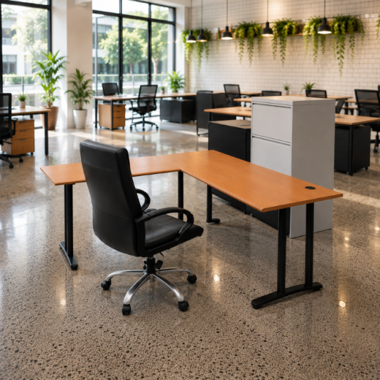 Escritorio “L” lado derecho o izquierdo, con estructura de metal negro, sobre enchapado en melamina Medidas: W. 140 cm x D. 150 cm x H.