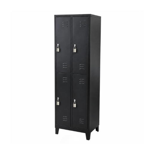 Locker metálico de 4 puertas con rejillas, cierre con aldaba y pintura al horno. Ideal para oficinas, colegios, industrias y vestidores.